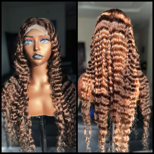 Plain Brown (Color 4) Double Drawn Australian Celine Factory Deep Curls Wig – 4x4 Full Closure